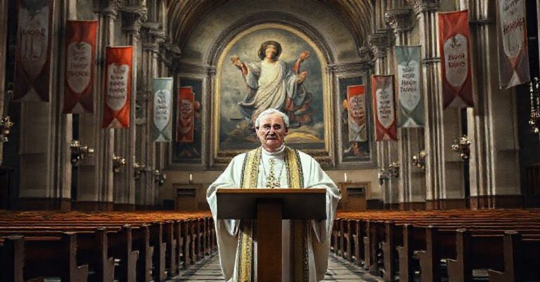 Pusty kościół z biskupem w tradycyjnych szatach stojącym przy ambonie. Postać ma sentymentalny wyraz twarzy podczas przemówienia o "miłości" bez prawdy. Tło przedstawia blaknący fresk Chrystusa Króla