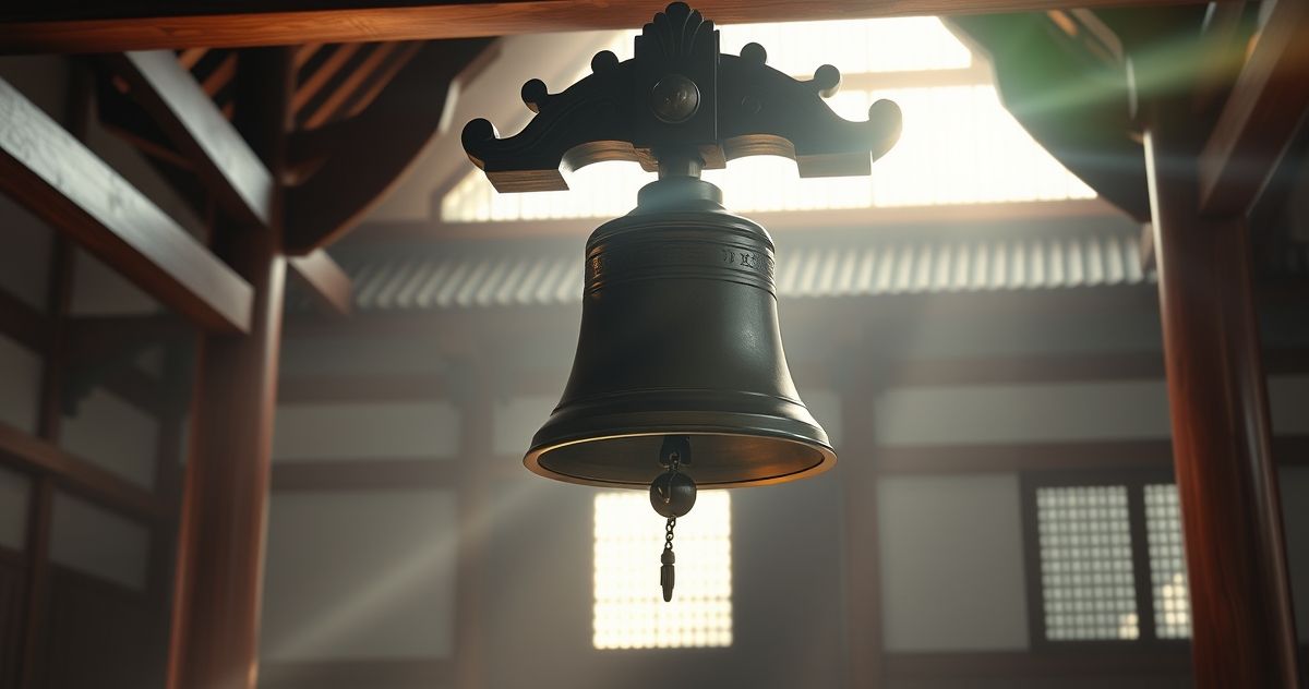 Rewersyjny obraz dzwonu kościelnego w japońskiej katedrze, symbolizujący pokój i przebaczenie, w realistycznym, pełnym szacunku stylu.