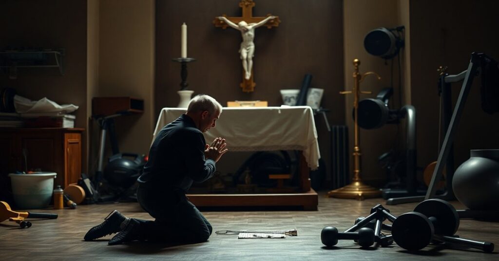 Ed Condon klęczy w modlitwie przed tradycyjnym ołtarzem z krucyfiksem, otoczony narzędziami domowymi i sprzętem do ćwiczeń. Scena jest oświetlona ciepłym światłem, podkreślającą kontrast między doczesnymi wysiłkami a łaską Bożą.