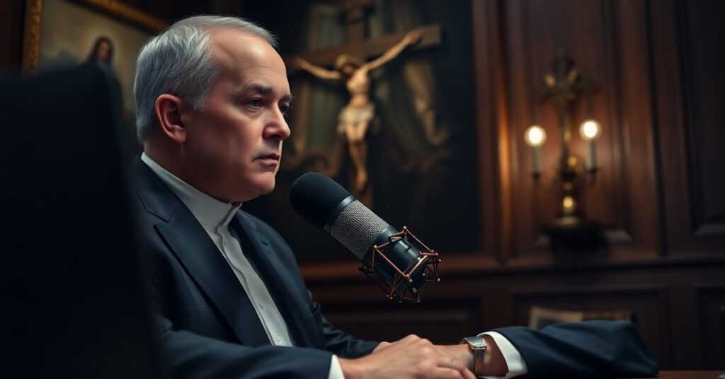 Portret Eda Condona w ciemnym garniturze z mikrofonem podcastowym w studiu medialnym The Pillar – krytyka nowożytnego katolicyzmu medialnego i paywallu informacji