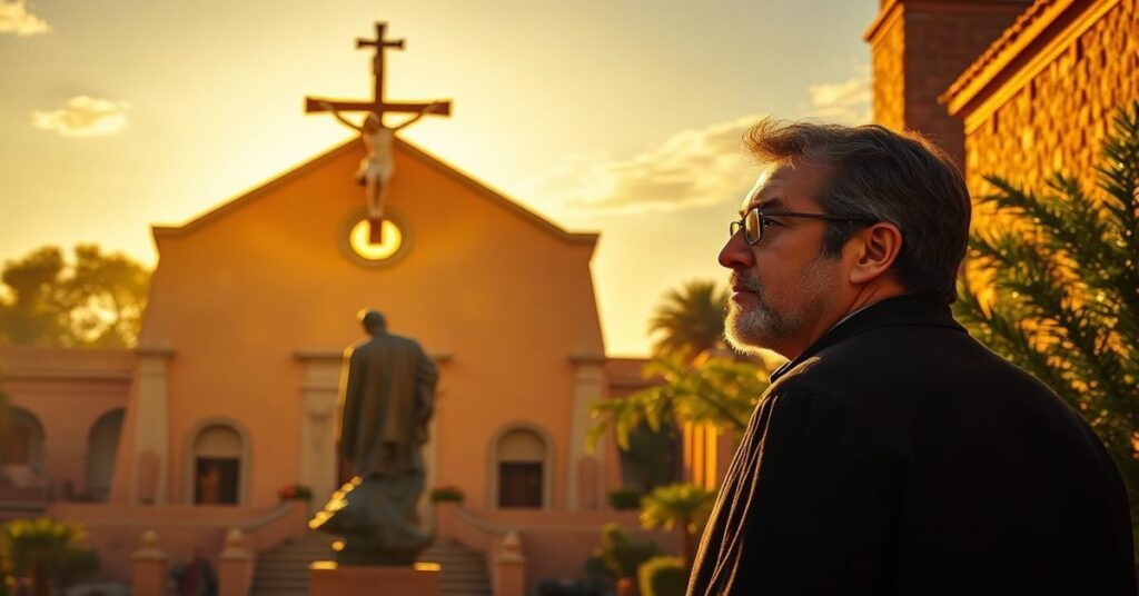 Eduardo Verástegui w postawie modlitewnej przed starym kościołem katolickim, symbolizując duchową walkę z apostazją współczesnego świata.