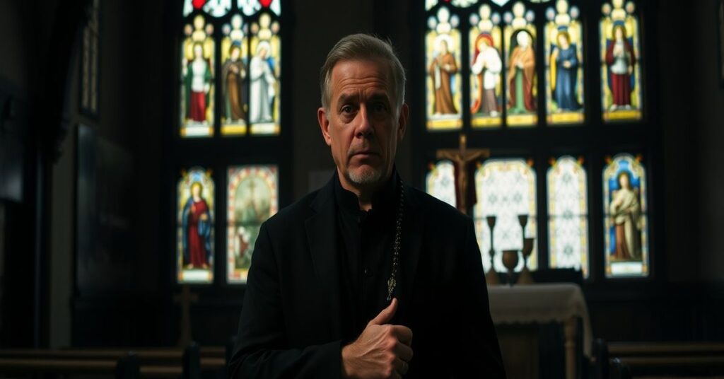 Eduardo Verástegui w tradycyjnym kościele katolickim, z niepokojem patrzący na zmienione ołtarze i witraże