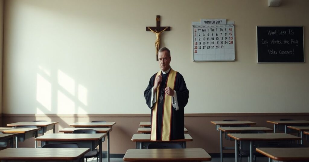 Sobotni klasa szkolna z pustymi ławkami i krzyżem na ścianie symbolizującym brak Chrystusa w nowoczesnej edukacji