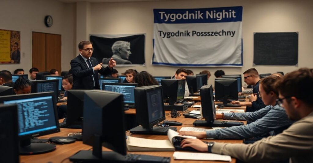Zdjęcie klasy informatyki z nauczycielem Ryszardem Szubartowskim i uczniami pracującymi na komputerach. W tle widoczny jest baner z napisem 'Tygodnik Powszechny'. Scena przedstawia braki w edukacji katolickiej.
