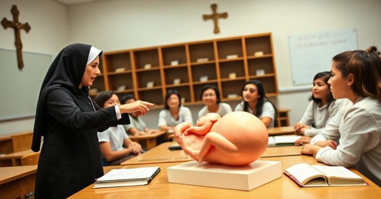 Klucze do edukacji katolickiej: nauczyciel w habitie przedstawia rozwój prenatalny dzieci przed grupą uczniów w klasie z krzyżem na tle
