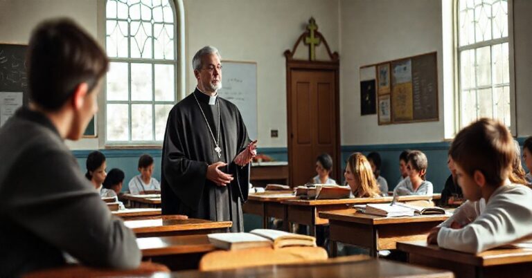 Scena edukacji katolickiej w tradycyjnej klasie, nauczyciel w sutannie prowadzący uczniów w modlitwie, podkreślająca duchową głębię nauczania zgodnie z katolicką tradycją