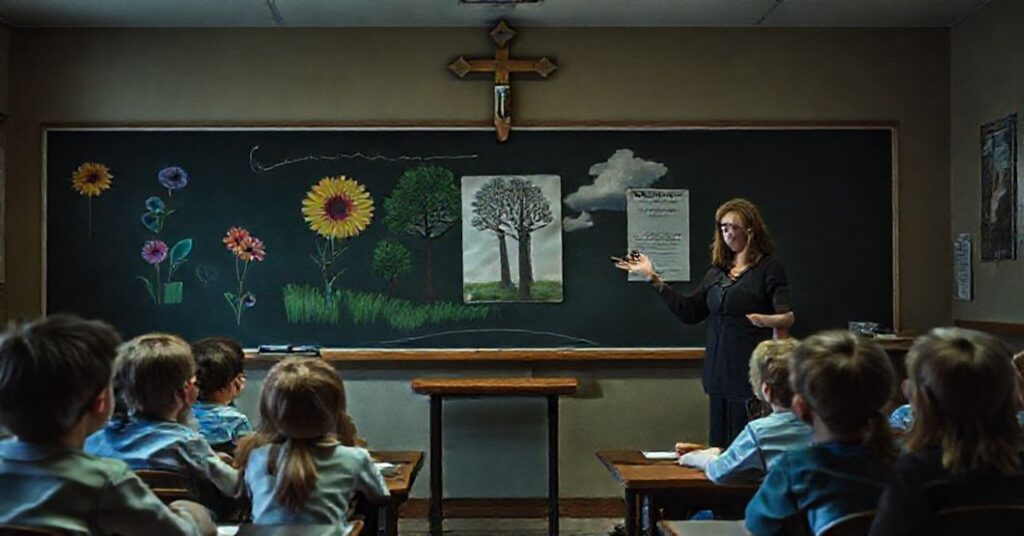 Tragiczna scena klasy w Kolumbii Brytyjskiej w 2025 roku, gdzie nauczycielka Jody Polukoshko uczy dzieci zniekształconej ekologii queer