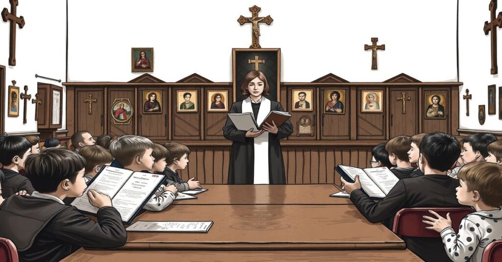 Powszechny wgląd w klasę szkolną z nauczycielką Barbarą Nowacką i uczniami na tle katolickich symboli religijnych.