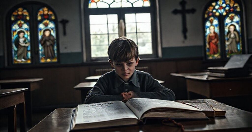 Scena w tradycyjnej klasie szkolnej z zniechęconym uczniem przed książką edukacji zdrowotnej