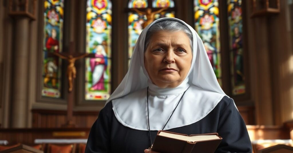 Portret Edyty Stein w habit Carmelitanki w tradycyjnym kościele katolickim