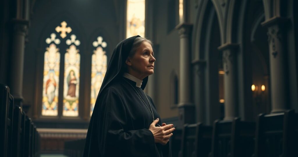 Rewersyjna, modląca się Edith Stein w tradycyjnej katolickiej szacie, w cichym wnętrzu kościoła, ukazująca głęboką wiarę i pokorę, odpowiednia do katolickiego wpisu blogowego.