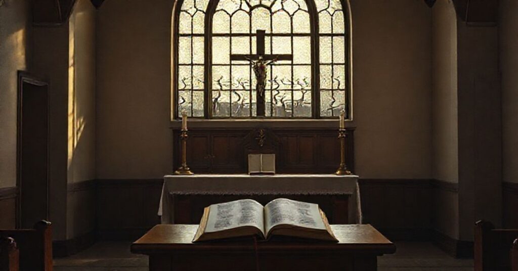 Pusty krzyż i zamknięta księga na ambonie w tradycyjnym kościele katolickim, symbolizujące fałszywe świętość Edyty Stein.