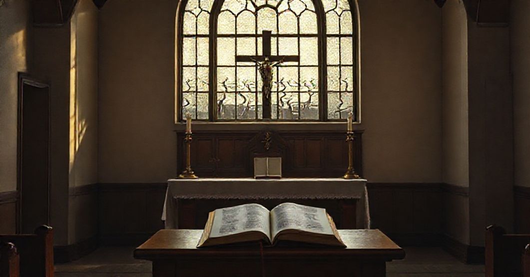 Pusty krzyż i zamknięta księga na ambonie w tradycyjnym kościele katolickim, symbolizujące fałszywe świętość Edyty Stein.