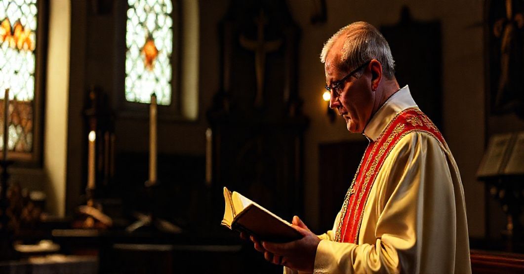 Ksiądz w tradycyjnych ornatach wykonuje egzorcyzm w kościele, otoczony relikwiami i świętymi tekstami, symbolizując walkę duchową