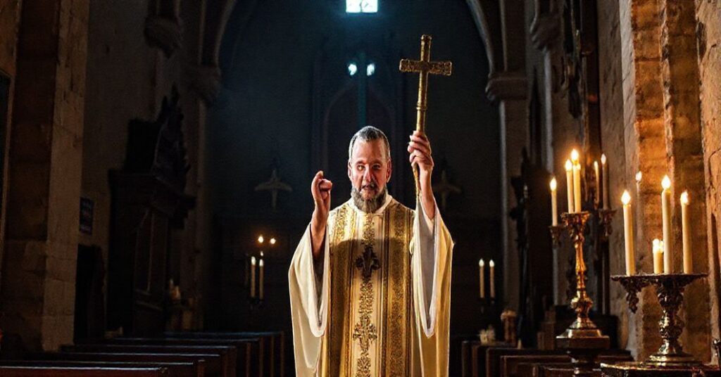 Ksiądz w tradycyjnych szatach liturgicznych przeprowadza egzorcyzm w starożytnym kościele, otoczony świętymi symbolami i przedmiotami.