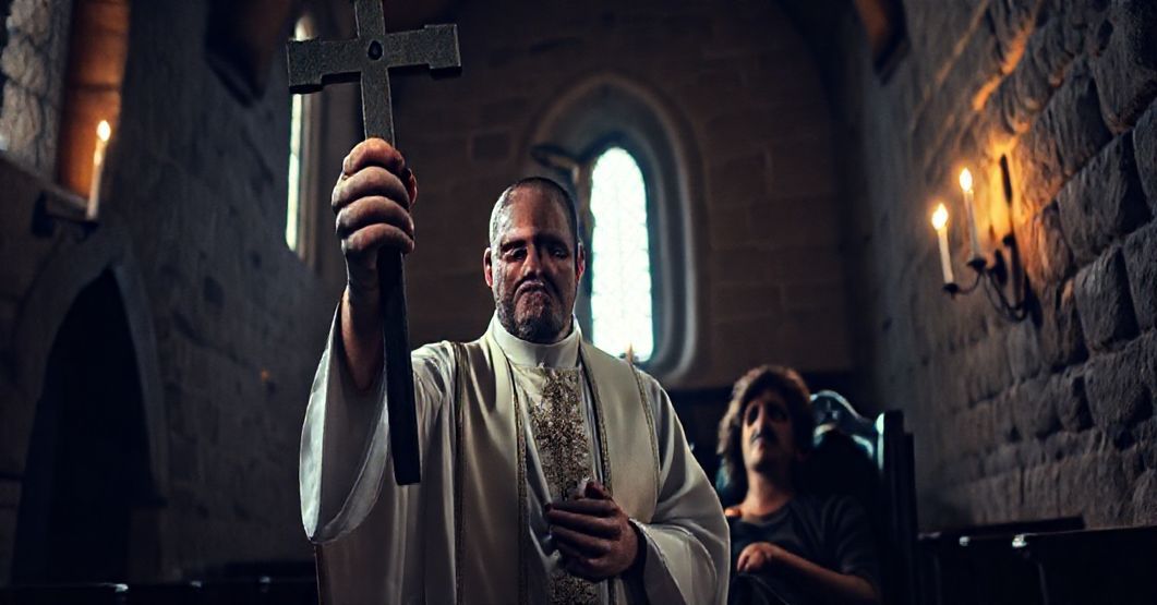 Kapelan w tradycyjnych szatach kościelnych przeprowadza egzorcyzm w ciemnym kościele, jego twarz wyraża głęboki zmartwienie i duchową intensywność. Za nim osoba w wiązaniu na krześle wyraża mękę i rozpacz. Kapłan trzyma krzyż, rzucając ostry cień na stary kamień, podczas gdy płonące światła świec oświetlają scenę pochmurną atmosferą duchowej walki. Obraz przedstawia walkę z siłami demonicznymi, ważność prawdziwej władzy sakramentalnej i rzeczywistą kryzys duchowy w Kościele posoborowym.