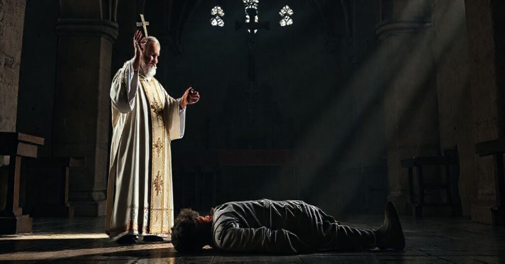 Ksiądz w tradycyjnych ornatach wykonuje egzorcyzm w starożytnym kościele. Scena pełna jest uroku i walki duchowej.