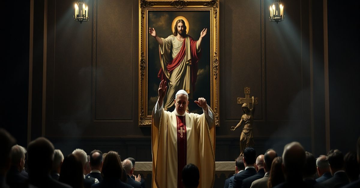 Ksiądz w tradycyjnych ornatach wykonuje egzorcyzm w starożytnym kościele. Scena pełna jest uroku i walki duchowej.