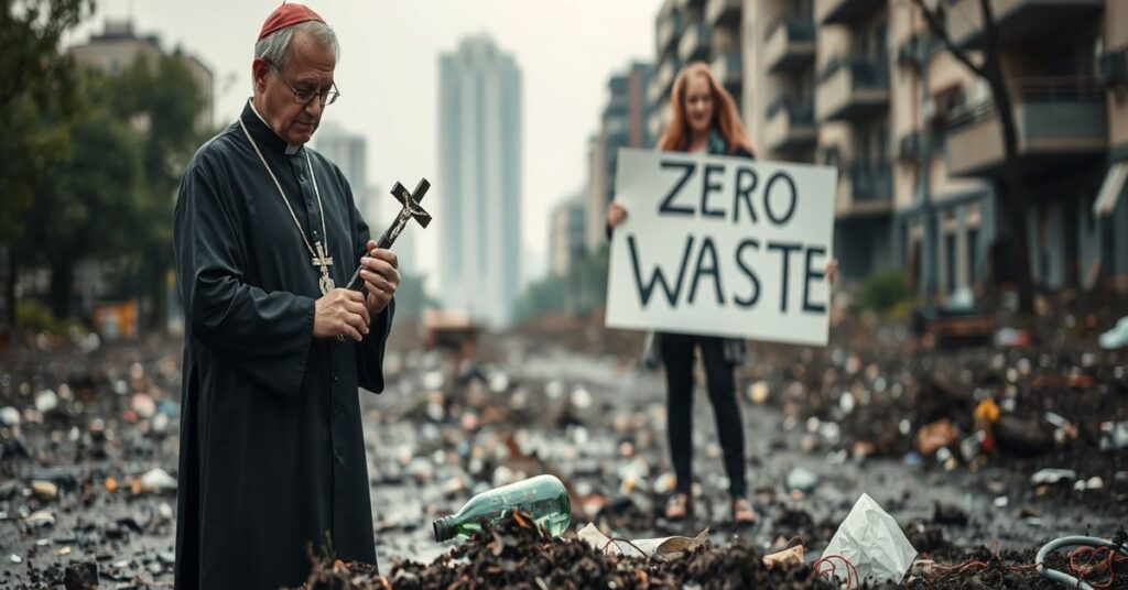 Katolicki ksiądz trzymający krzyż w zanieczyszczonym mieście z aktywistką Zero Waste w tle.