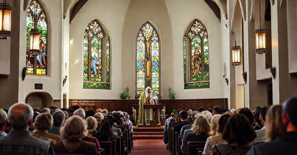 Wewnątrz tradycyjnego kościoła katolickiego podczas kazania o ekologii integralnej. Kapłan w ornaty wychodzący z tradycyjnego zestawu liturgicznego