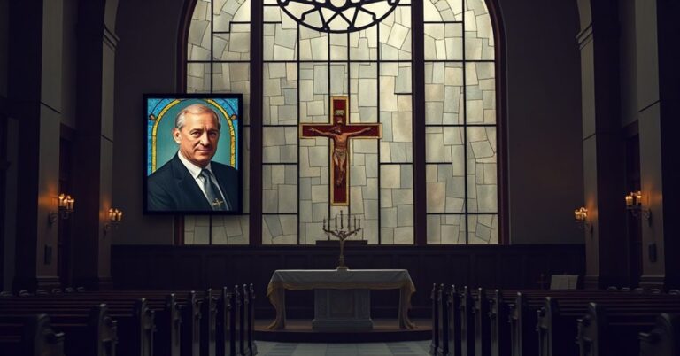 Wnętrze kościoła katolickiego z ołtarzem w tle i bankowym biurem widocznym przez witrażowe okno. Portret Charlesa Josepha Younga otoczony dokumentami finansowymi i wykresami w kontrastcie z dalekim krzyżem. Scena podkreśla pustkę duchową w misyjnej pracy.