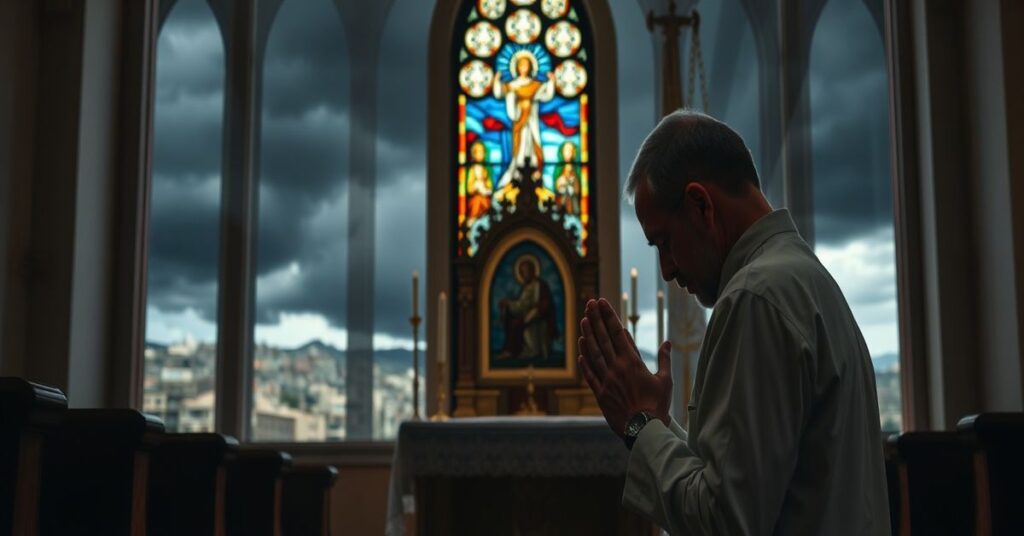 Mężczyzna modli się przed tabernakulum w tradycyjnym kościele podczas burzy na tle wojny na Bliskim Wschodzie