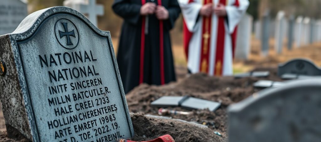 Sobór wizerunek przedstawiająca ekshumację sześciu żołnierzy Narodowego Zjednoczenia Wojskowego na Cmentarzu Komunalnym w Cieszynie w 2026 roku. Badacze odkrywają szczątki przy starym żeliwnym nagrobku. Na tle stoi kapłan w pełnej szacie liturgicznej modlący się z różańcem.