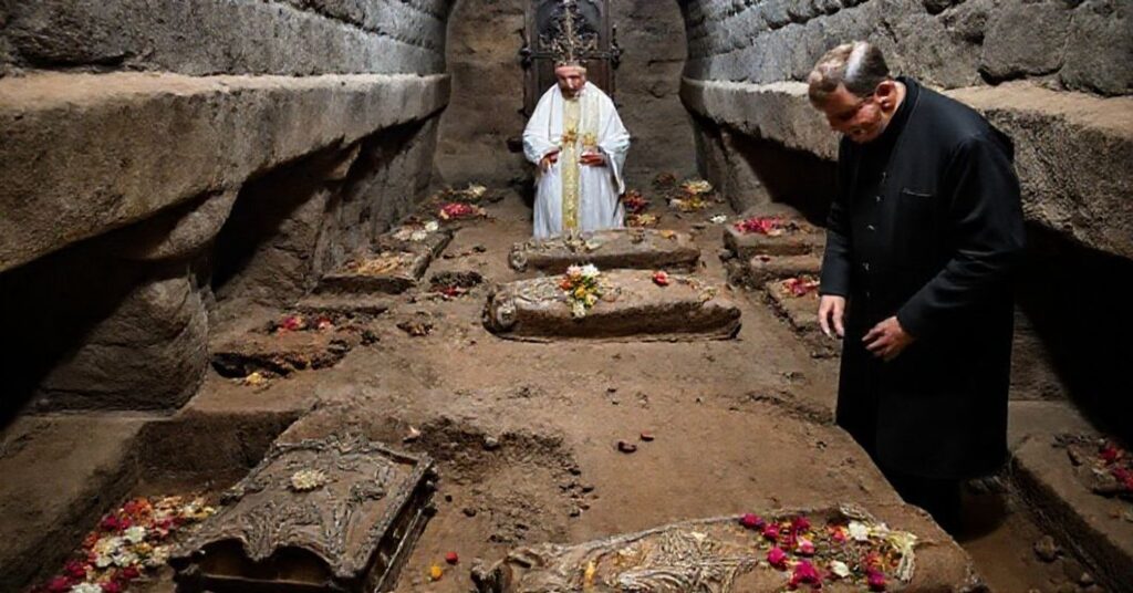 Solemny wnętrze krypty w tarnowskiej katedrze z naukowcami badającymi ekshumowane szczątki i kości przy obecności tradycyjnego księdza. Scena podkreśla dygnięcie zmarłych i teologiczną wymowę zmartwychwstania.