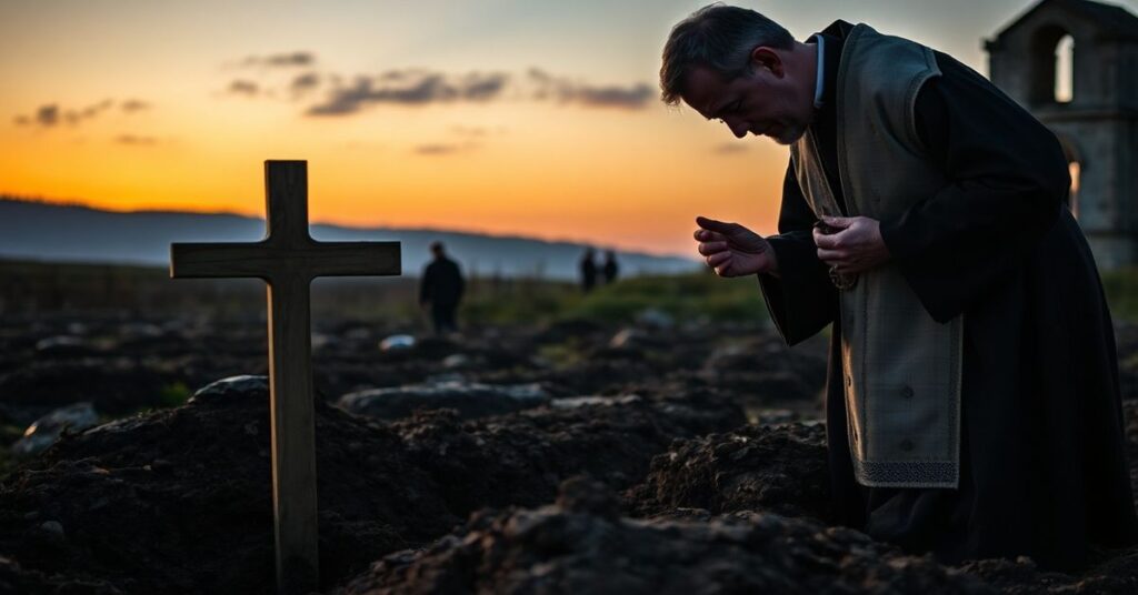 Ciało ekshumowane z masowej mogiły w Woli Ostrowieckiej na Wołyniu z 1943 roku, z kapłanem w tradycyjnych szatach liturgicznych modlącego się nad szczątkami