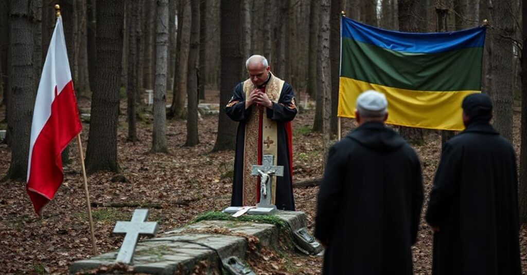Ksiądz w tradycyjnym ornaty modli się nad masowym grobem w lesie, otoczony flagami polską i ukraińską