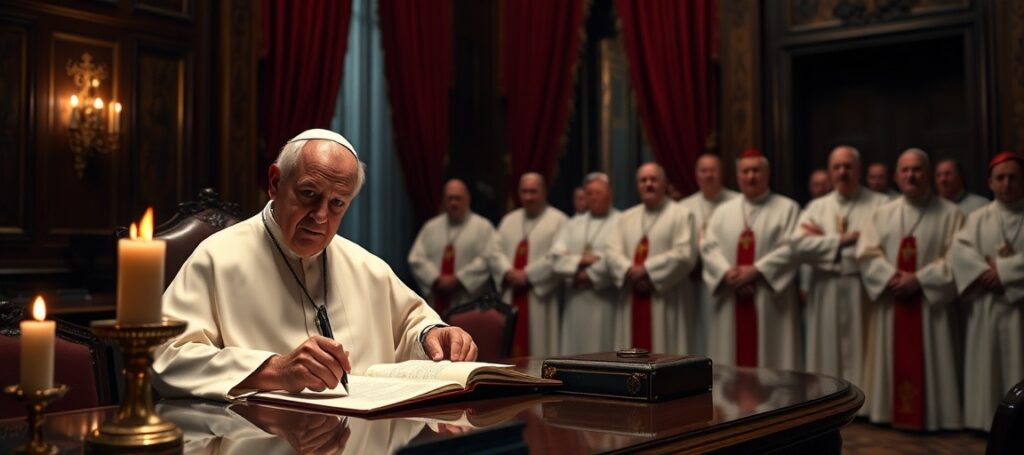 Dekret ekskomuniki FSSPX przez antypapieża Leona XIV i kardynała Fernándeza w watykańskim biurze - symboliczna farsa kanoniczna z 2026 roku
