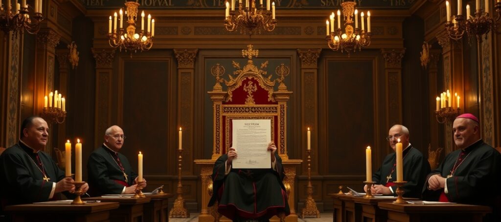 Sześciobiskupów FSSPX podczas uroczystej ekskomuniki watykańskiej w sali tronowej – portret tradycyjny w kontekście schizmy posoborowej