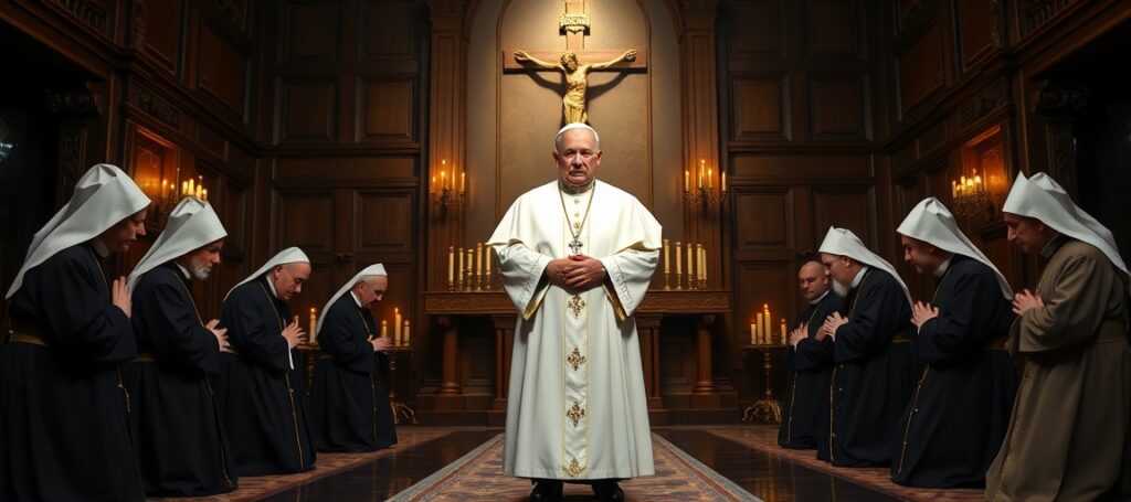 Arcybiskup Marcel Lefebvre i sześciu biskupów FSSPX w tradycyjnej kaplicy katolickiej podczas ceremonii