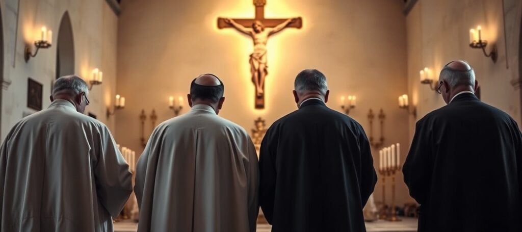 Czterej biskupi Bractwa Świętego Piusa X w modlitwie przed ołtarzem trydenckim w Écône podczas Mszy Świętej – symbol schizmy w schizmie według sedevacantystowskiego stanowiska