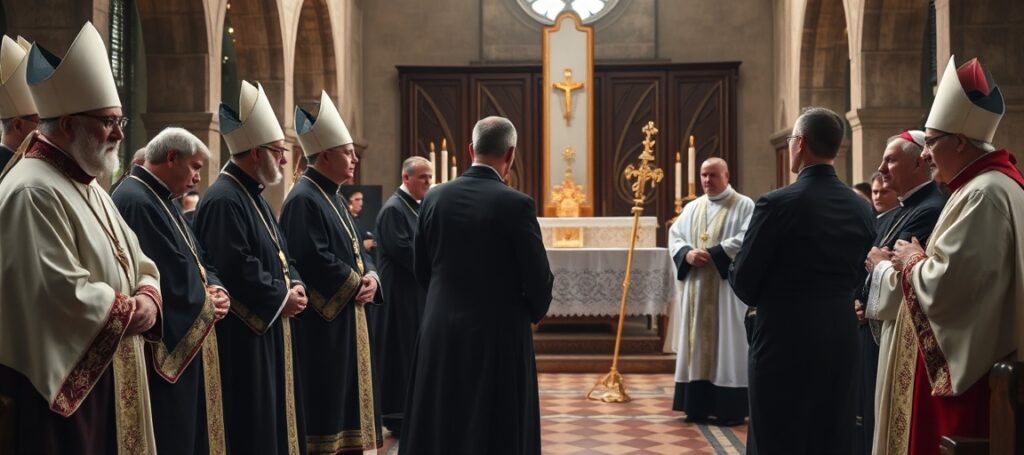 Konsekracja biskupów FSSPX w Zaitzkofen 1 lipca 2026 – bracia w stroju tradycyjnym modlą się przed ołtarzem trydenckim wobec fałszywej władzy Watykanu nowego porządku