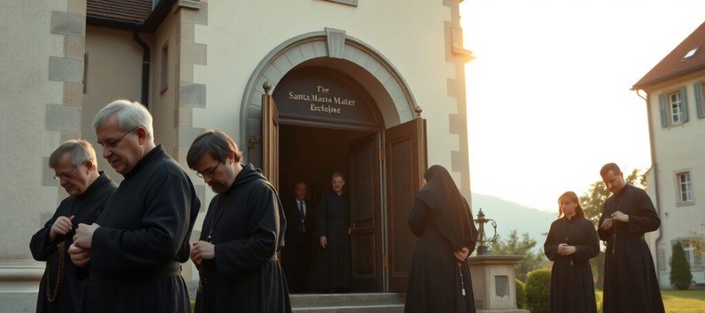 Widok seminarium w Écône z grupą tradycjonalistycznych katolików modlących się w smutku po fałszywej ekskomunice FSSPX przez antypapieża Leona XIV
