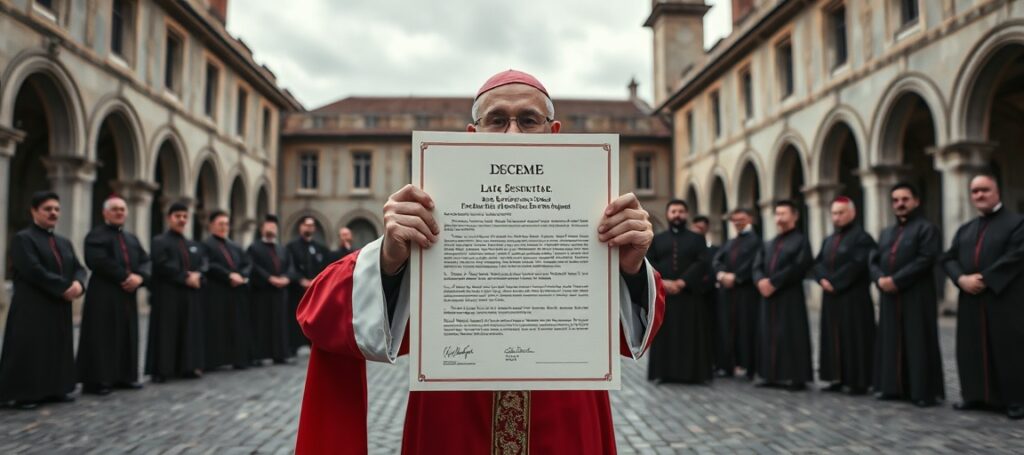 Ekskomunika biskupów FSSPX przez fałszywy Watykan: biskupi de Galarreta i Fellay z nowymi konsekratorami Schreiberem, Goldade'em i Poinsinet de Sivry w Écône - symbol schizmy wewnątrz sekt posoborowych i pustki jurysdykcyjnej Kościoła.