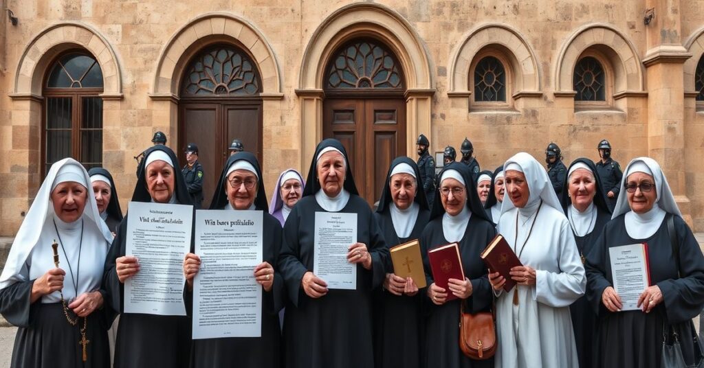 Starsze klaryski stojące przed klasztorem w Belorado z manifestem potępiającym nowoczesną rewolucję w Kościele