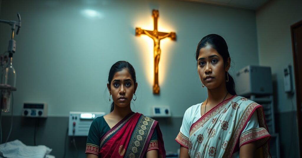 Dwie 17-letnie dziewczyny w Nepalu w klinice płodności, z urządzeniami IVF w tle i krzyżem na ścianie.