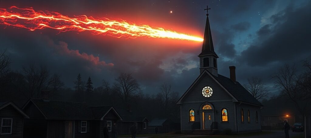 Meteoryt eksplodujący nad małą wsią w Nowej Anglii z widokiem tradycyjnego kościoła katolickiego na pierwszym planie.