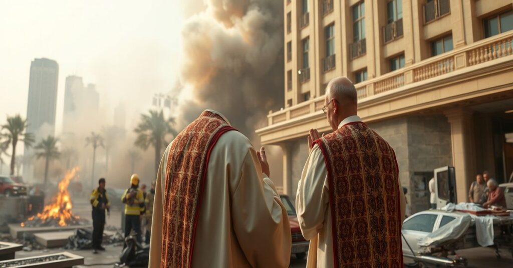Poważne zdjęcie przedstawiające eksplozję w hotelu Fairmont The Palm w Dubaju z księdzem modlącym się za ofiary.