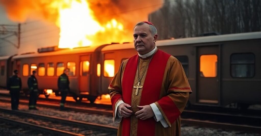Ksiądz katolicki w tradycyjnych szatach przed sceną eksplozji pociągu w Wilnie, symbolizujący moralny kryzys gospodarczy