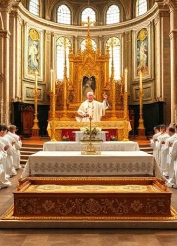 Ekspozycja Relikwii św. Franciszka z Asyżu: Prawdziwy Kult czy Modernistyczny Spektakl? Sobólny ceremonialny obrzęd katolicki w tradycyjnej bazylice z ekspozycją relikwii św. Franciszka z Asyżu na złotym ołtarzu otoczonym klęczącymi kapłanami w tradycyjnych ornatach.