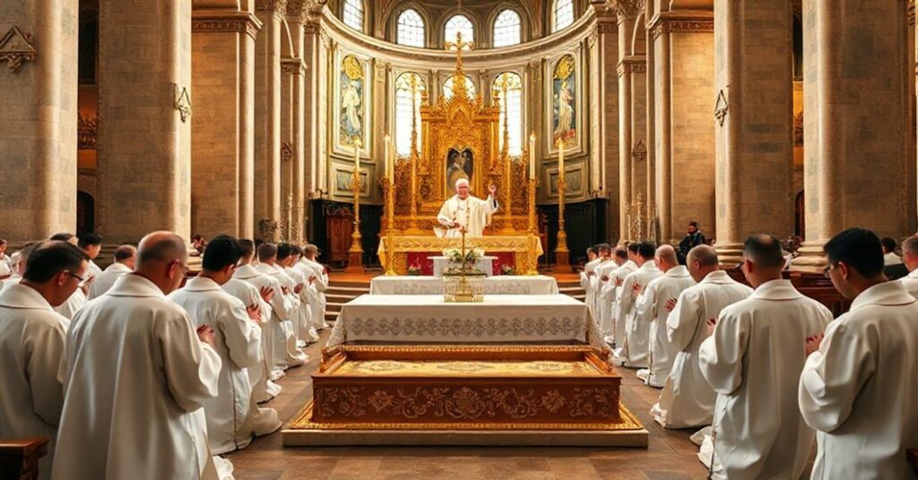 Sobólny ceremonialny obrzęd katolicki w tradycyjnej bazylice z ekspozycją relikwii św. Franciszka z Asyżu na złotym ołtarzu otoczonym klęczącymi kapłanami w tradycyjnych ornatach.