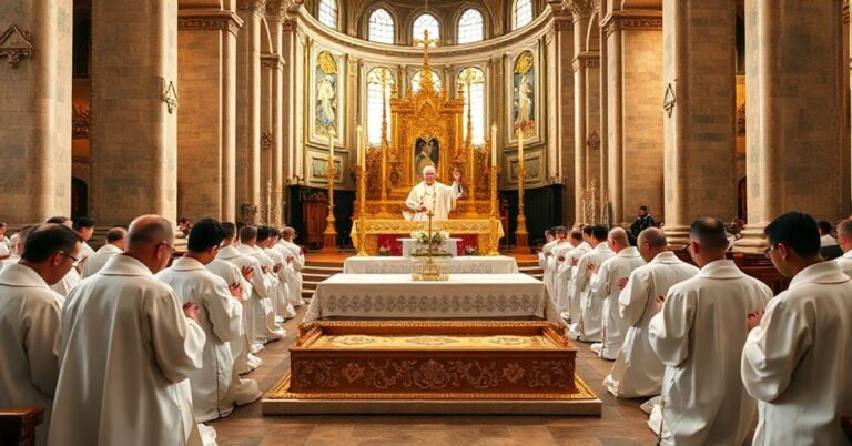 Sobólny ceremonialny obrzęd katolicki w tradycyjnej bazylice z ekspozycją relikwii św. Franciszka z Asyżu na złotym ołtarzu otoczonym klęczącymi kapłanami w tradycyjnych ornatach.