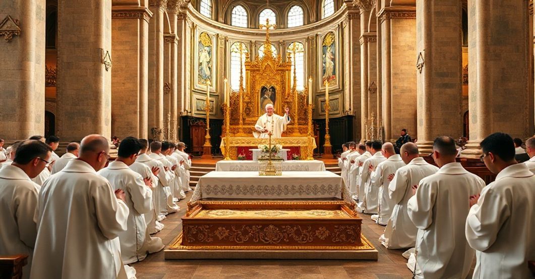 Ekspozycja Relikwii św. Franciszka z Asyżu: Prawdziwy Kult czy Modernistyczny Spektakl? Sobólny ceremonialny obrzęd katolicki w tradycyjnej bazylice z ekspozycją relikwii św. Franciszka z Asyżu na złotym ołtarzu otoczonym klęczącymi kapłanami w tradycyjnych ornatach.