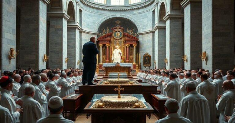 Pozorowany kult świętego Franciszka z Asyżu w nowoczesnej bazylice, symbolizujący instrumentalizację religii przez państwo i modernistyczną narrację.