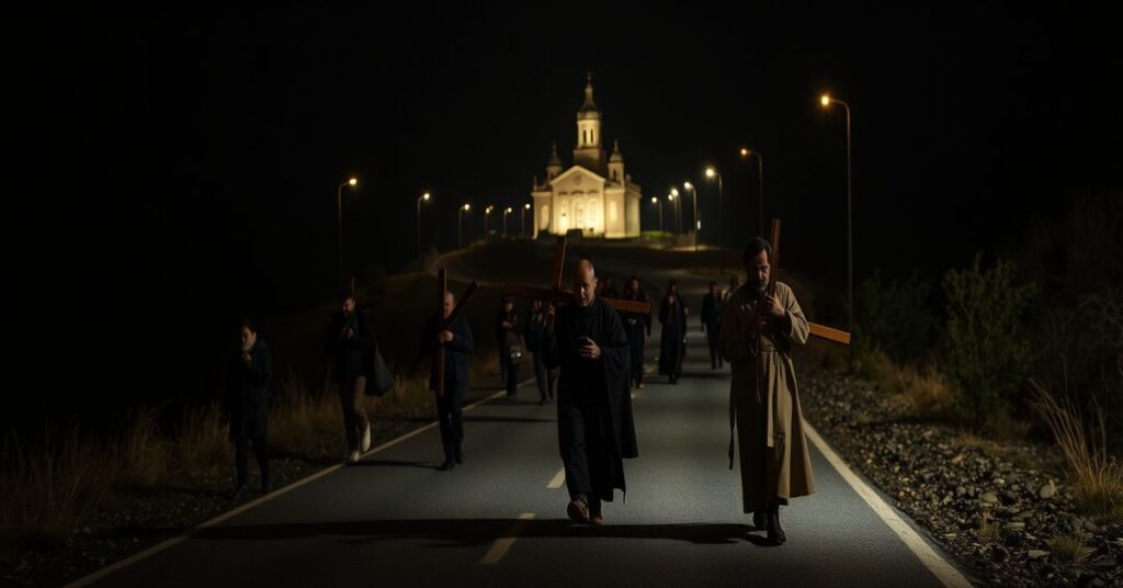 Nocna scena Ekstremalnej Drogi Krzyżowej - zmęczeni pielgrzymi na długiej drodze bez prawdziwej łaski