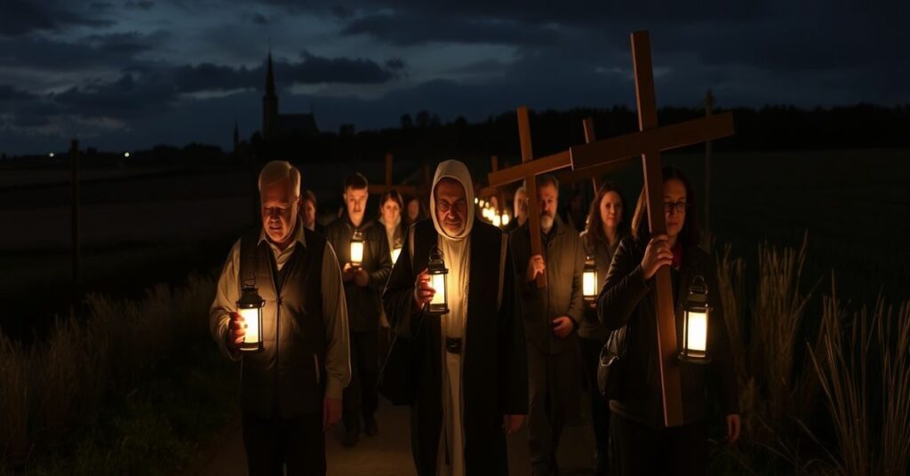 Grupa pielgrzymów idących nocą Droga Krzyżową w Kaliszu pod przewodnictwem sekciarskiego księdza bez sakramentów