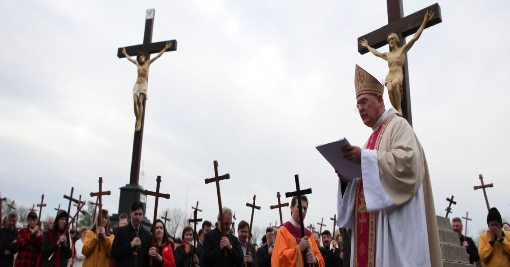 Uczestnicy Ekstremalnej Drogi Krzyżowej w Krakowie modlą się przed krzyżem podczas kazania kardynała Rysia